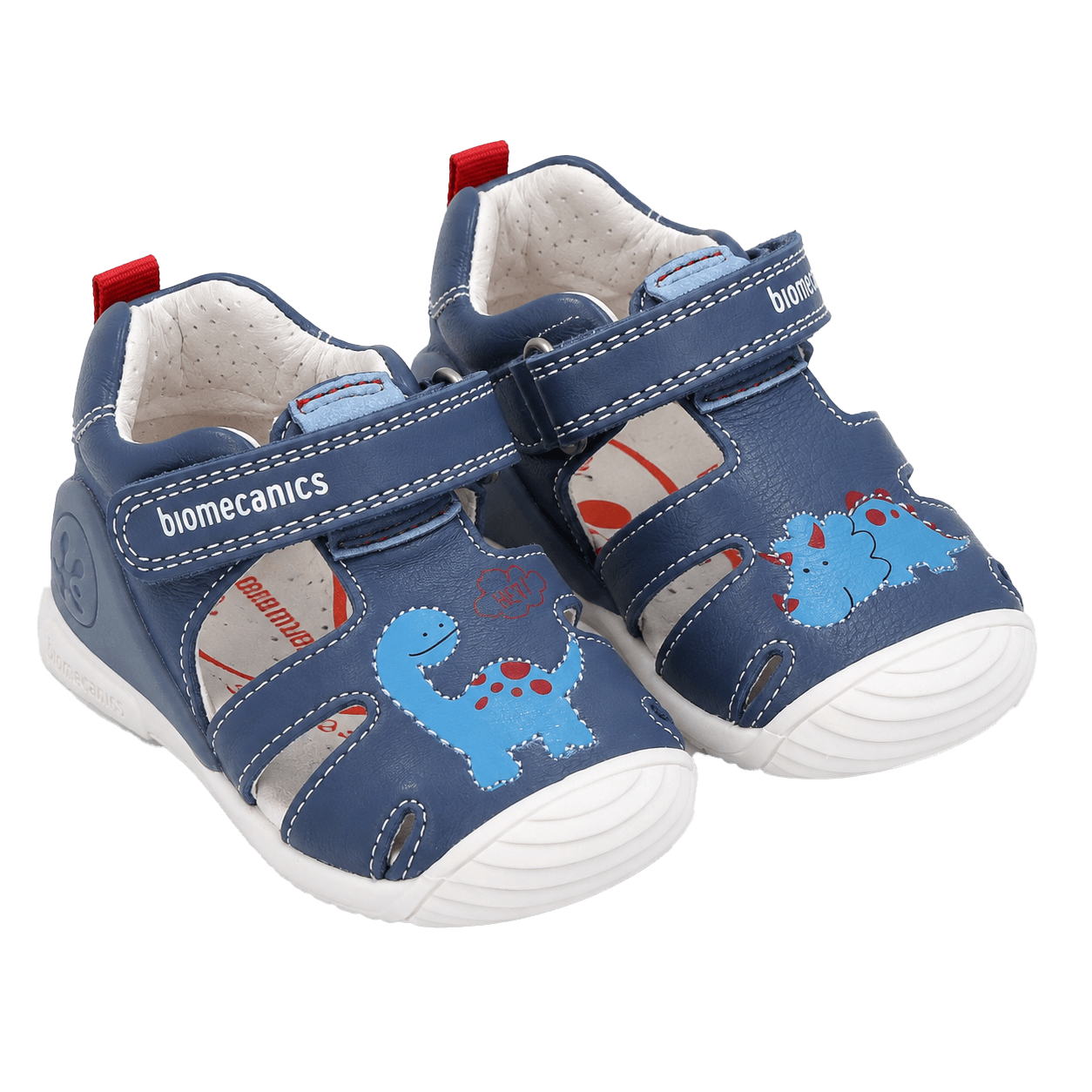 Biomecanics first-step sandals in navy with dinosaur print